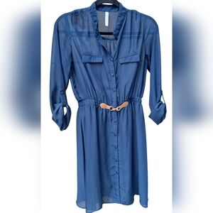 RnB Women's Navy Blue Sheer Button Up Adjustable Sleeve Shirt Dress-Size M EUC